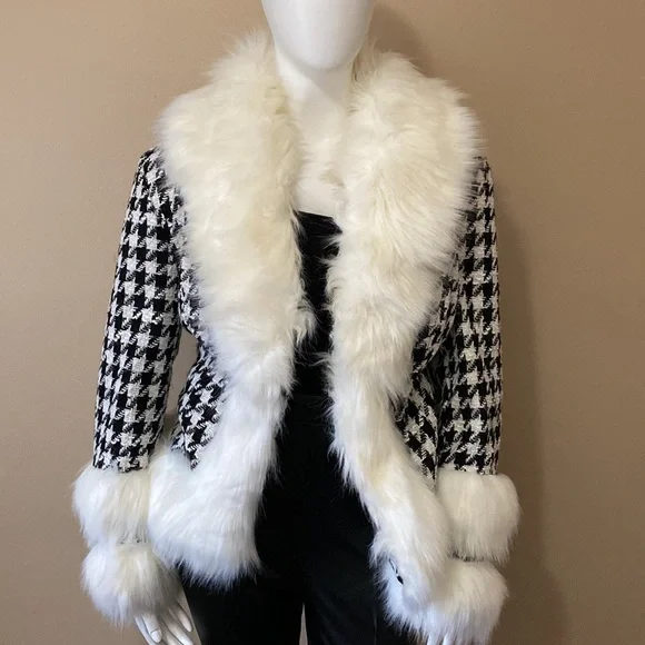 Woman's Azalea Wang Faux Fur Checker Winter Coat - Black & White - Size XL - Picture 3 of 16